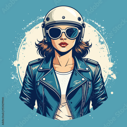 Stylized illustration of confident woman in motorcycle helmet and leather jacket with sunglasses, vintage biker fashion concept, cool female rider artwork