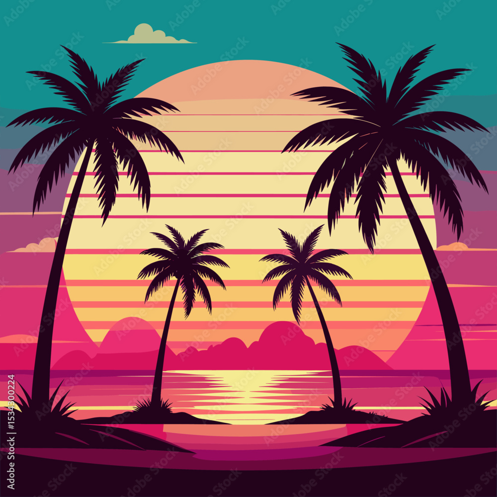 Tropical sunset beach illustration with palm trees and ocean view, vibrant retro-style landscape art with colorful sky and island silhouettes Tropical sunset beach illustration with palm trees and ocean view, vibrant retro-style landscape art with colorful sky and island silhouettes