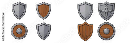 Various shield designs showcasing different shapes, colors, and textures in a digital illustration