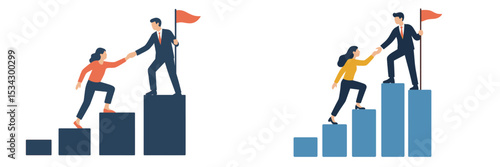 Individuals striving for success and teamwork through overcoming obstacles in a business setting
