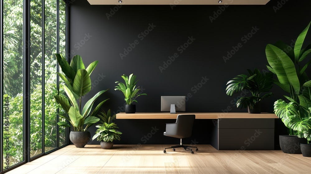 Modern dark home office with lush greenery Modern dark home office with lush greenery