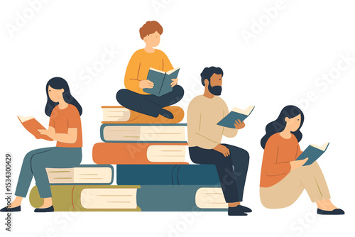Group of diverse individuals reading books while sitting on a pile of colorful books in a cozy setting