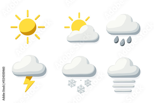 Colorful weather icons representing sunny, rainy, snowy, and stormy conditions in a simple, modern style