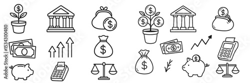 Financial icons depicting money management, investment, and savings concepts for educational purposes