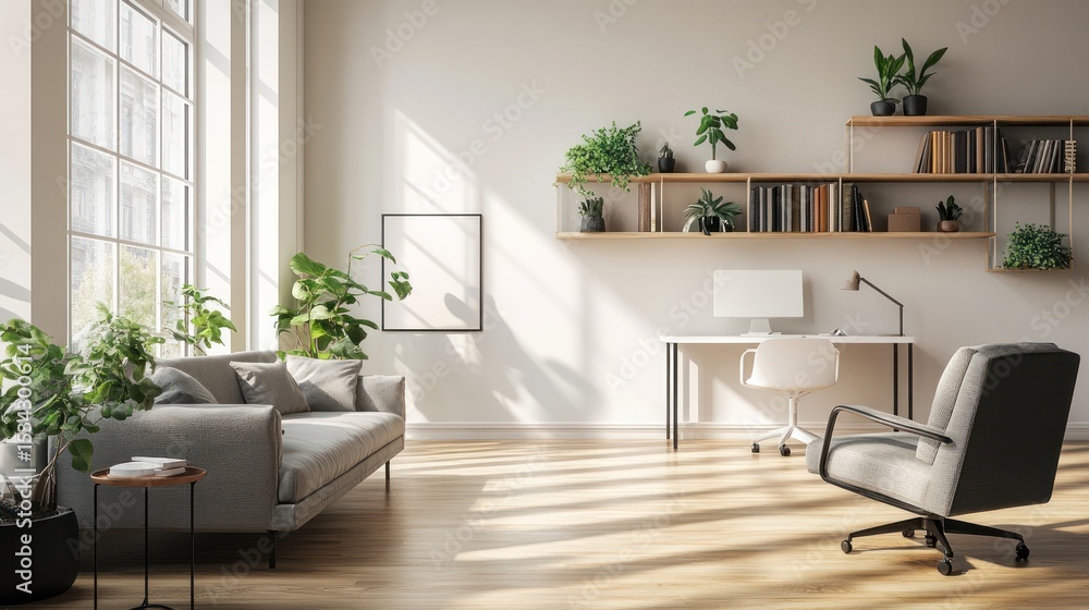 Fototapeta premium Bright, modern home office with plants and natural light