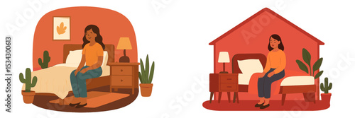 Woman sitting on bed in cozy bedroom with house plants during daytime at home