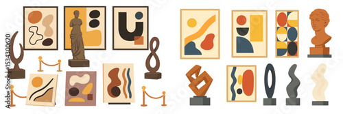 Art exhibit showcasing abstract sculptures and modern paintings in a gallery setting