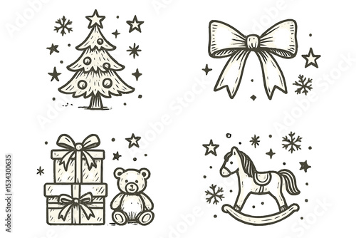 Festive holiday illustrations featuring a Christmas tree, gift boxes, a teddy bear, and a rocking horse