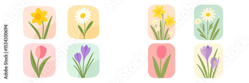 Colorful floral illustrations featuring spring flowers in a modern design with pastel backgrounds