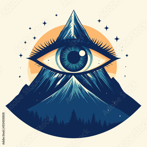 Surreal mountain landscape with all-seeing eye and cosmic elements in mystical illustrative style