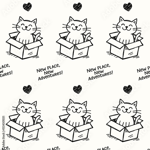Seamless black and white pattern with a cat sitting in a box and a handwritten quote New home, new adventures!. Fun design for housewarming and new home celebrations. For packaging, wrapping paper.