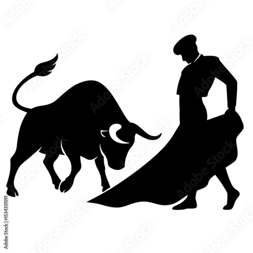 silhouette of a bullfighting with a man 
