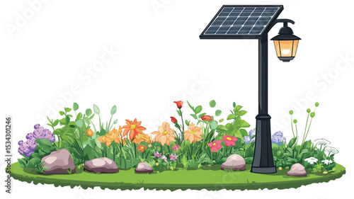 A digital illustration depicting a solar-powered lamp post situated within a vibrant flowerbed. The lamp post features a dark grey or black pole with a small solar panel at the top and a