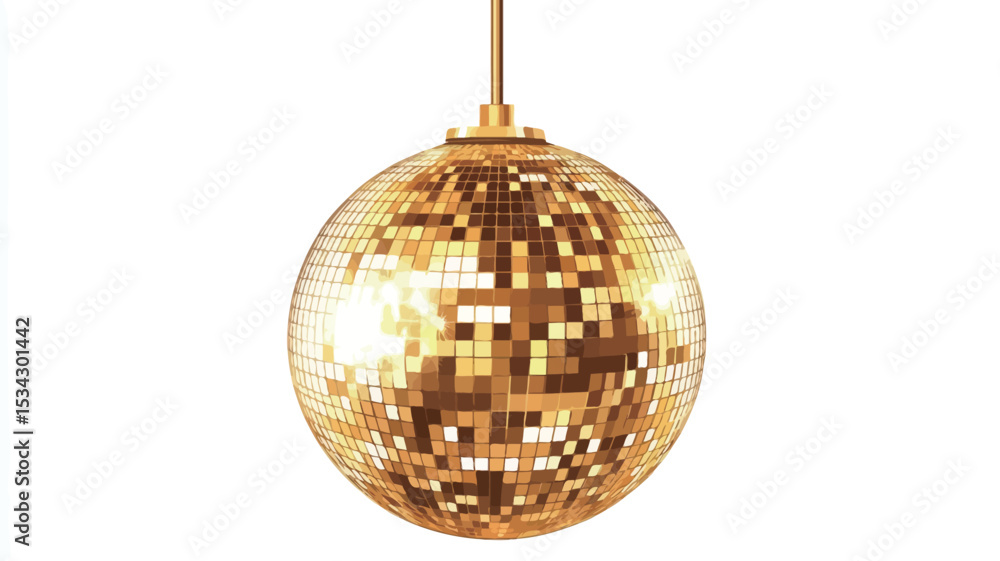 Obraz premium Close-up studio shot of a gold disco ball hanging from a cord against a white background. The ball is spherical and composed of numerous small, square mirrors reflecting light. The image is