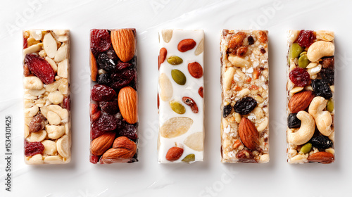 Fototapeta Naklejka Na Ścianę i Meble -  A top view of five granola bars with various nuts and dried fruits on a white surface background