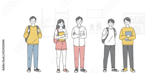 Group of students standing together, boys and girl with backpacks and books, casual clothes, learning concept, university lifestyle, cartoon vector on white background