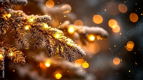 Wallpaper Mural Enchanting Christmas: Snow-Kissed Fir Branches with Sparkling Lights and Bokeh Effect Torontodigital.ca