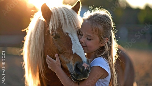 Child hugging pony .A touching bond between a Child and an Animal