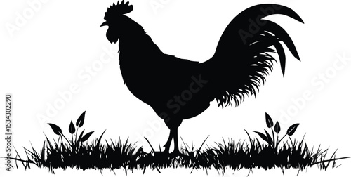 black silhouette of a rooster, minimalist geometric rooster icon, simple poultry line art design, abstract chicken symbol, graphic cockerel illustration
