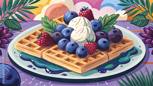 delicious Belgian waffles served with a scoop of vanilla ice cream and fresh berries on a plate. Perfect sweet breakfast or brunch dessert concept