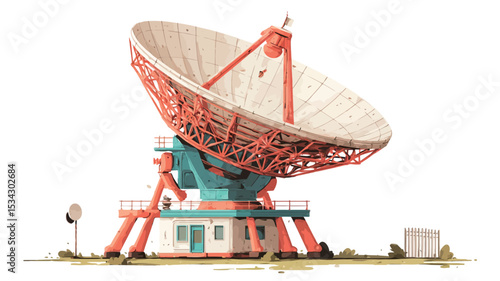 A digital illustration of a radio telescope, depicted in a style reminiscent of paper craft or model-making. The telescope is predominantly orange and cream, with a detailed parabolic dish and