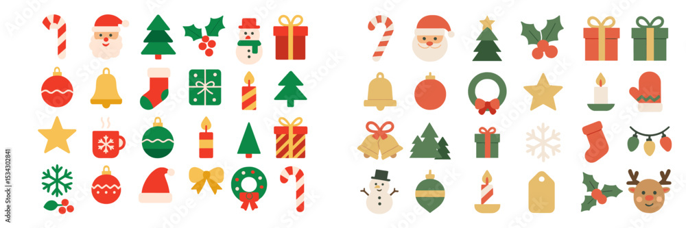Fototapeta premium Festive vector flat illustration showcasing various Christmas themed icons and symbols