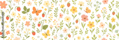 Colorful vector flat illustration featuring flowers, butterflies, and strawberries in a whimsical garden setting during springtime
