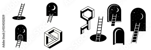 Ladders leading to mysterious doors and holes under a starry night in a creative vector flat illustration