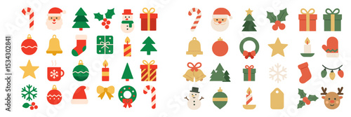 Festive vector flat illustration showcasing various Christmas themed icons and symbols