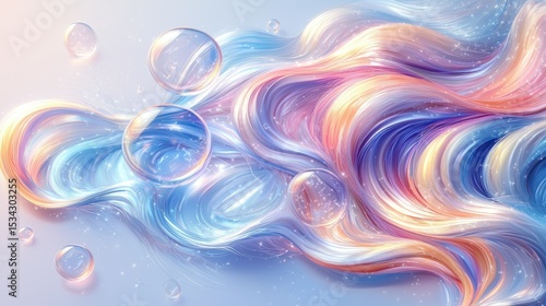 Abstract, colorful hair strands with bubbles