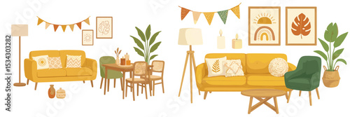 Cozy modern living room and dining area with warm colors and natural elements during daylight