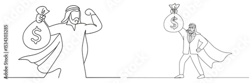 Illustration of two heroic characters expressing strength while holding money bags in a minimalist style