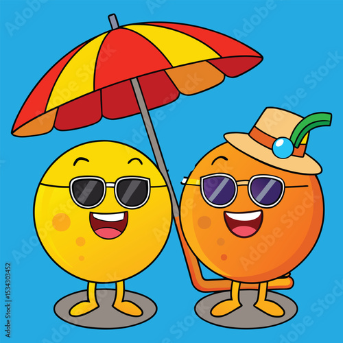 Cute Cartoon Fruit Characters Enjoying Summer Vacation Under a Beach Umbrella Illustration