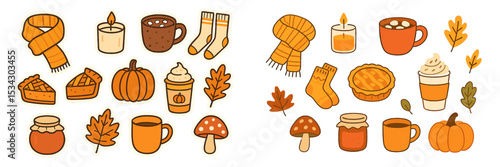 Warm autumn illustrations featuring seasonal items like pies, pumpkins, and cozy accessories for a festive atmosphere