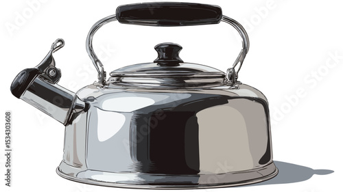 A digital illustration of a stainless steel tea kettle. The kettle is depicted from a slightly angled perspective against a plain white background.  It is shiny with reflections suggesting a