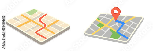 Vector flat illustration showing two styles of map layouts with navigation markers for urban exploration