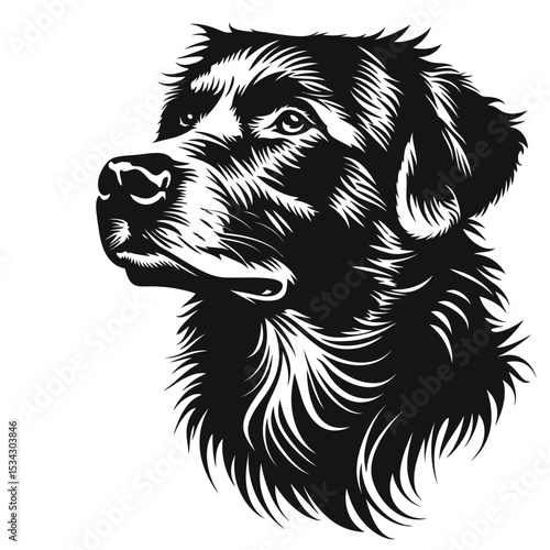 Black and white tribal dog head tattoo illustration with a fierce wild animal nature design