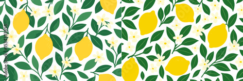 Bright lemon pattern with green leaves and white flowers in a flat vector illustration on a clean background