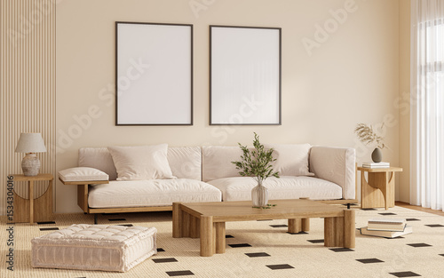 Schilderij op canvas Modern Japandi Living Room with Dual Vertical Framed Posters above Beige Sofa –