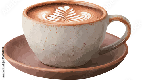 Close-up shot of a latte in a ceramic cup and saucer. The latte features latte art in the shape of a rosetta. The cup and saucer are light beige with a mottled texture.  The background is pure