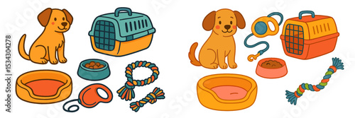 Vector flat illustration of a dog with pet supplies in a playful and colorful arrangement at a cozy home environment