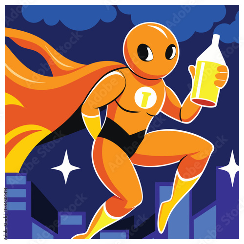 Illustration of Orange Superhero Mascot Running with Bottle over Cityscape Background