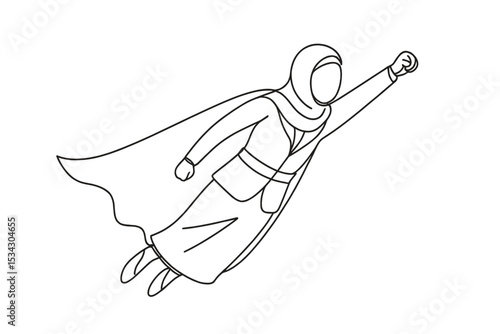 Vector flat illustration of a superhero woman flying in the sky with a cape and hijab, symbolizing empowerment and strength