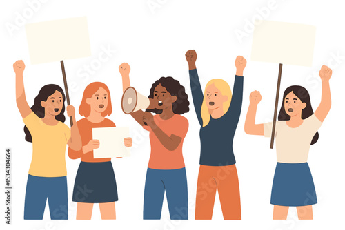 Women rally with signs and a megaphone to advocate for social change during a daytime protest