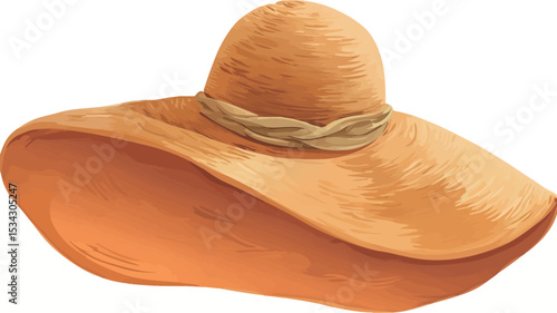 A digital illustration of a wide-brimmed straw hat. The hat is light orange/beige in color and has a woven texture.  The brim is very wide and floppy. A simple woven band is around the crown of the