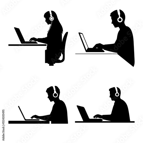 Remote work headset silhouette set. EPS Vector Silhouette File of individuals using laptops with headphones for virtual meeting black illustration