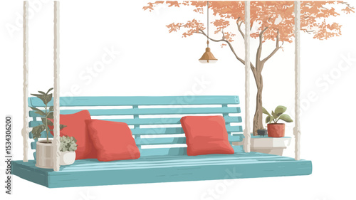Digital illustration of a teal-colored wooden swing bench with two coral-colored cushions.  The swing is suspended by white ropes.  Potted plants are visible on either side of the bench, 