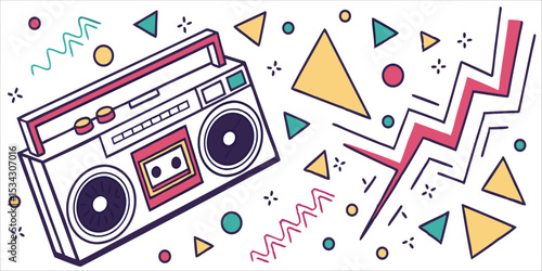 Retro boombox with 80s style geometric pattern, nostalgic music culture, vector illustration.