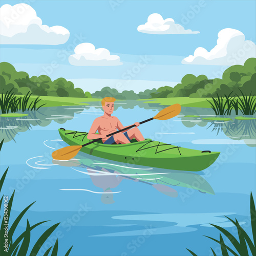 Man kayaking in the water, sitting on green kayak with paddle, summer recreation activity, flat illustration