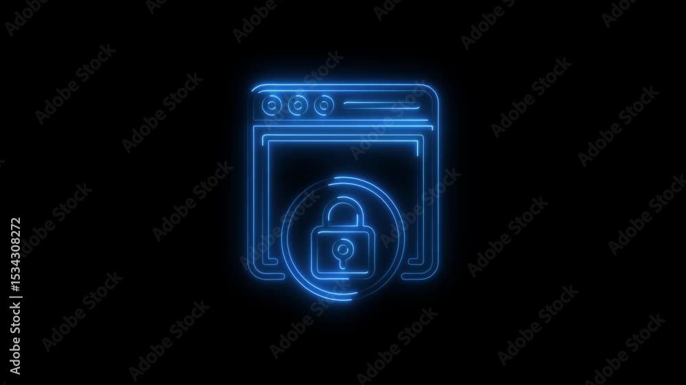 Glowing neon animation of a secure browser window with a padlock symbol Glowing neon animation of a secure browser window with a padlock symbol